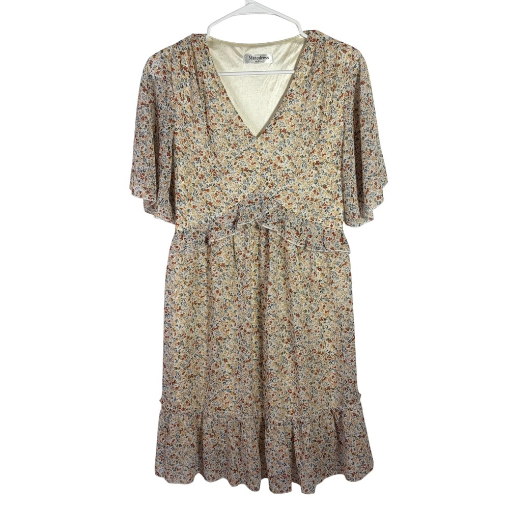 Manydress Floral V-Neck Mini Dress Flutter Sleeve Ruffle Tiered Hem Small
